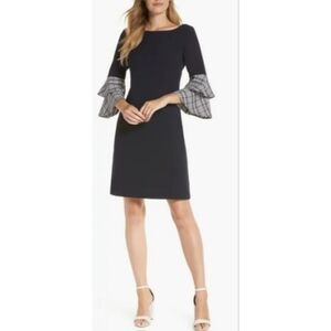 Eliza J Navy Blue Double Ruffle Plaid Bell Sleeve Dress